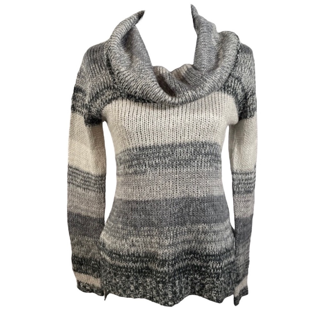 Ultra Flirt Gray Striped Cowlneck Ribbed Chunky Knit Long Sleeve Sweater  M